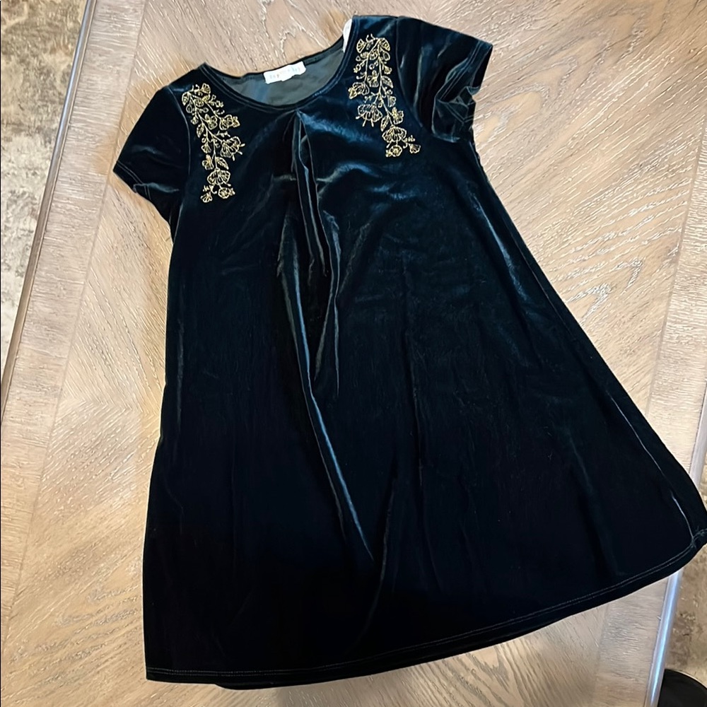 Elegant dark green Velvet Kids Dress with Gold Embroidery